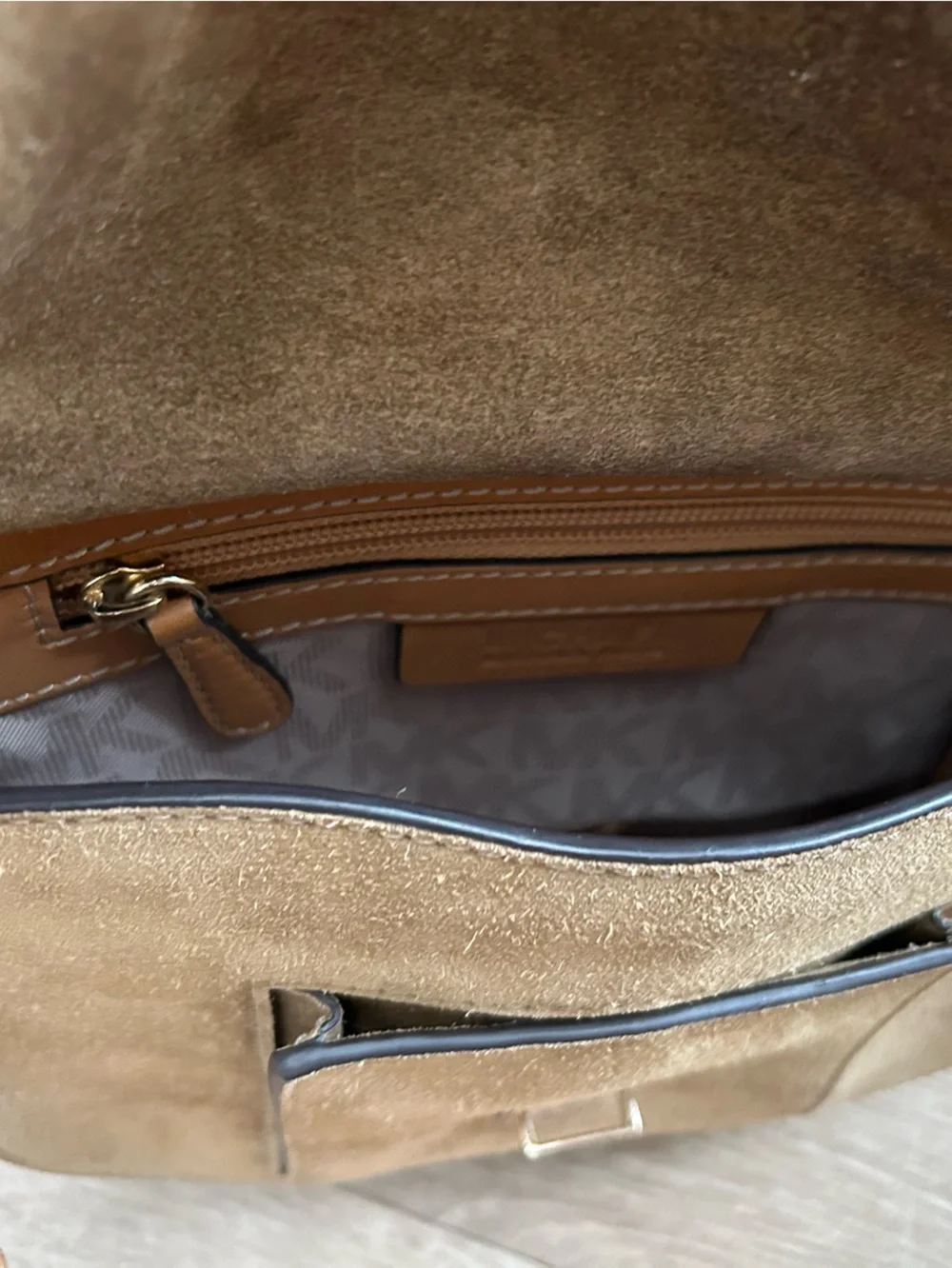 Classic Brown Suede Crossbody Bag with Tan Trim